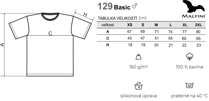 Tabulka velikostí trička Malfini Basic 129