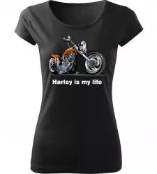 Dámské tričko s motorkou Harley is my life černé